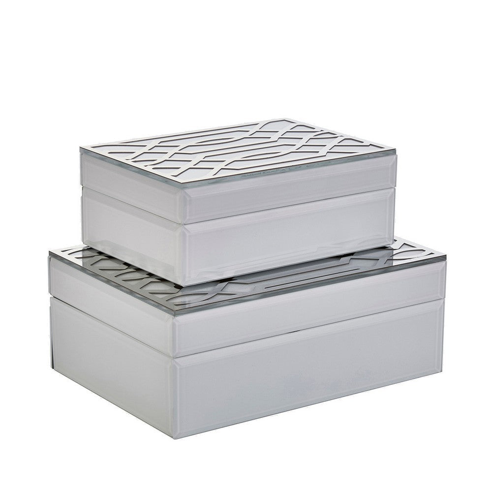 Decorative Storage Box Set of 2, Geometric Cutout Patterns, White, Silver By Casagear Home