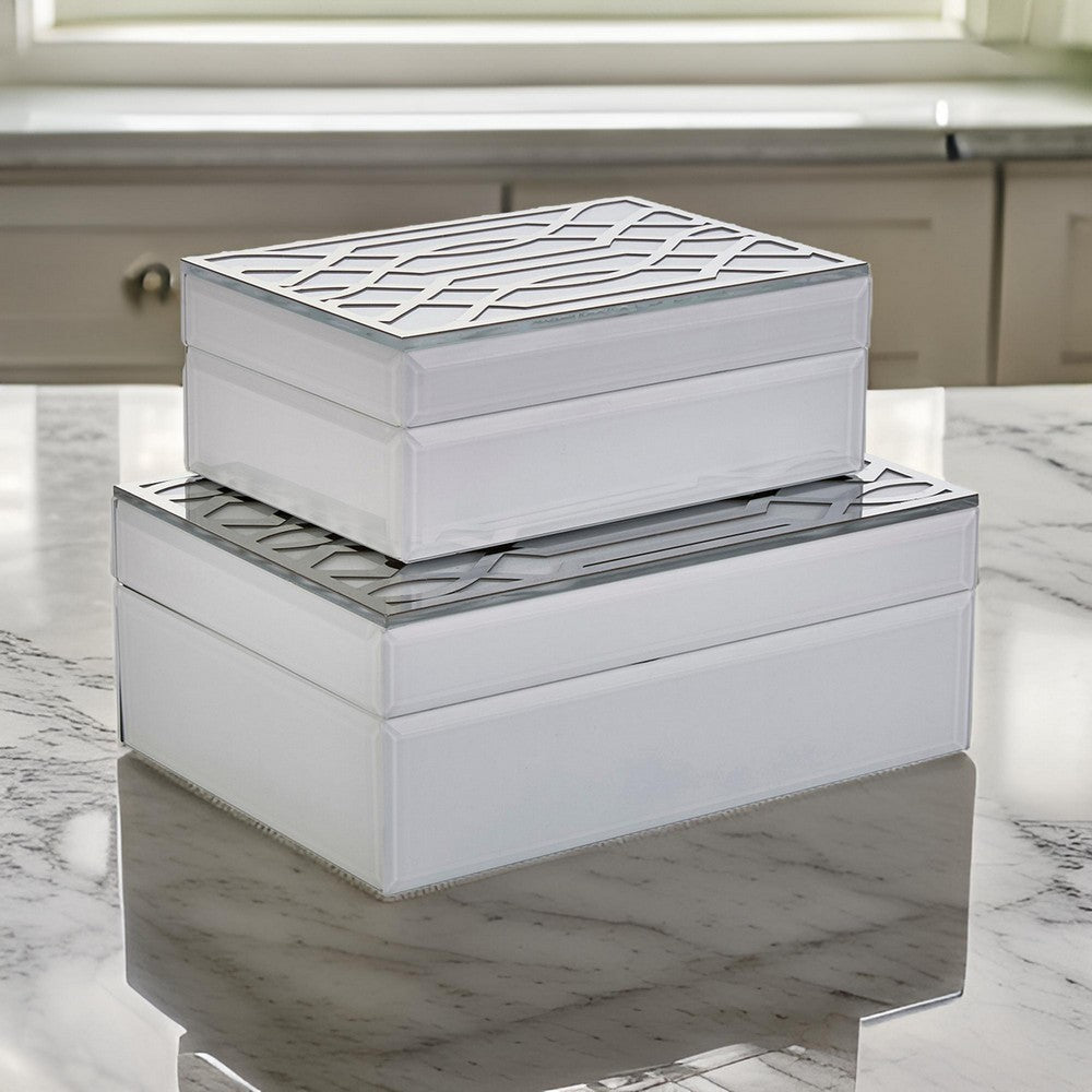 Decorative Storage Box Set of 2 Geometric Cutout Patterns White Silver By Casagear Home BM308586