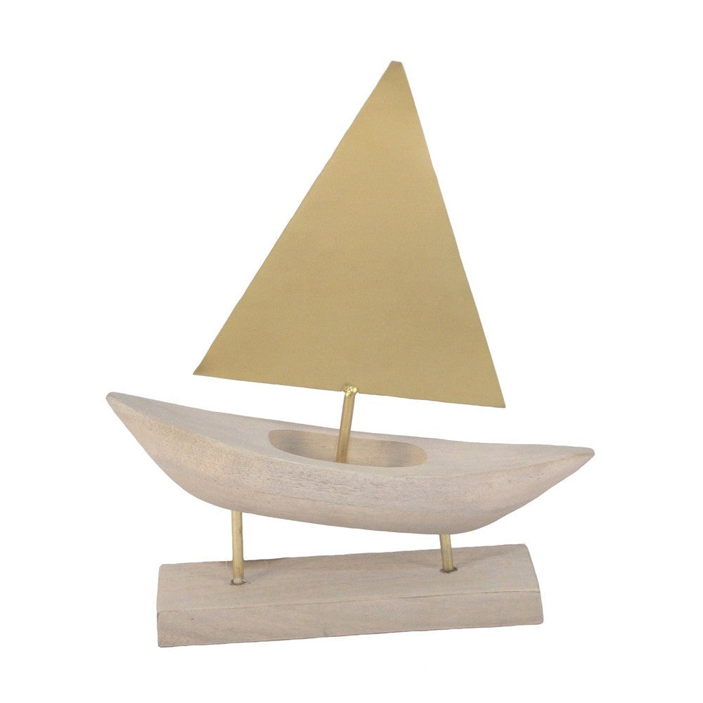 17 Inch Sailboat Sculpture on Stand, Gold Metal Sail, Natural Brown Wood By Casagear Home