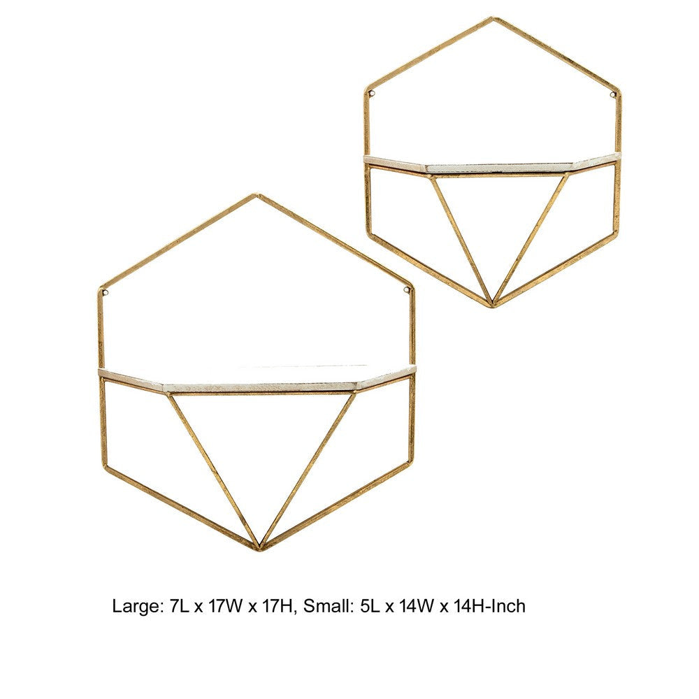 Decor Wall Shelf Set of 2 Hexagonal Gold Metal Frames Crisp White Wood By Casagear Home BM308592