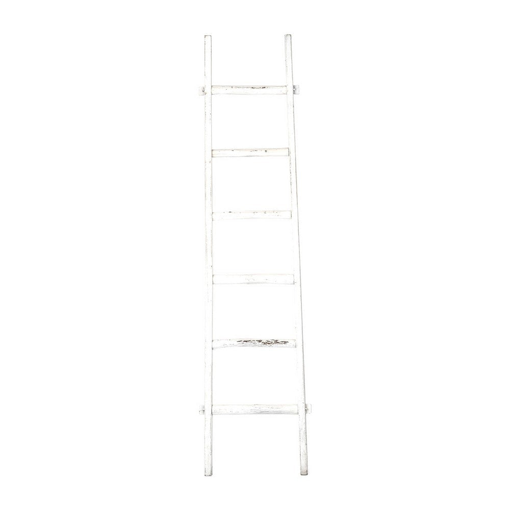 76 Inch Decorative Ladder, White Wood, Transitional, Distressed Finish By Casagear Home