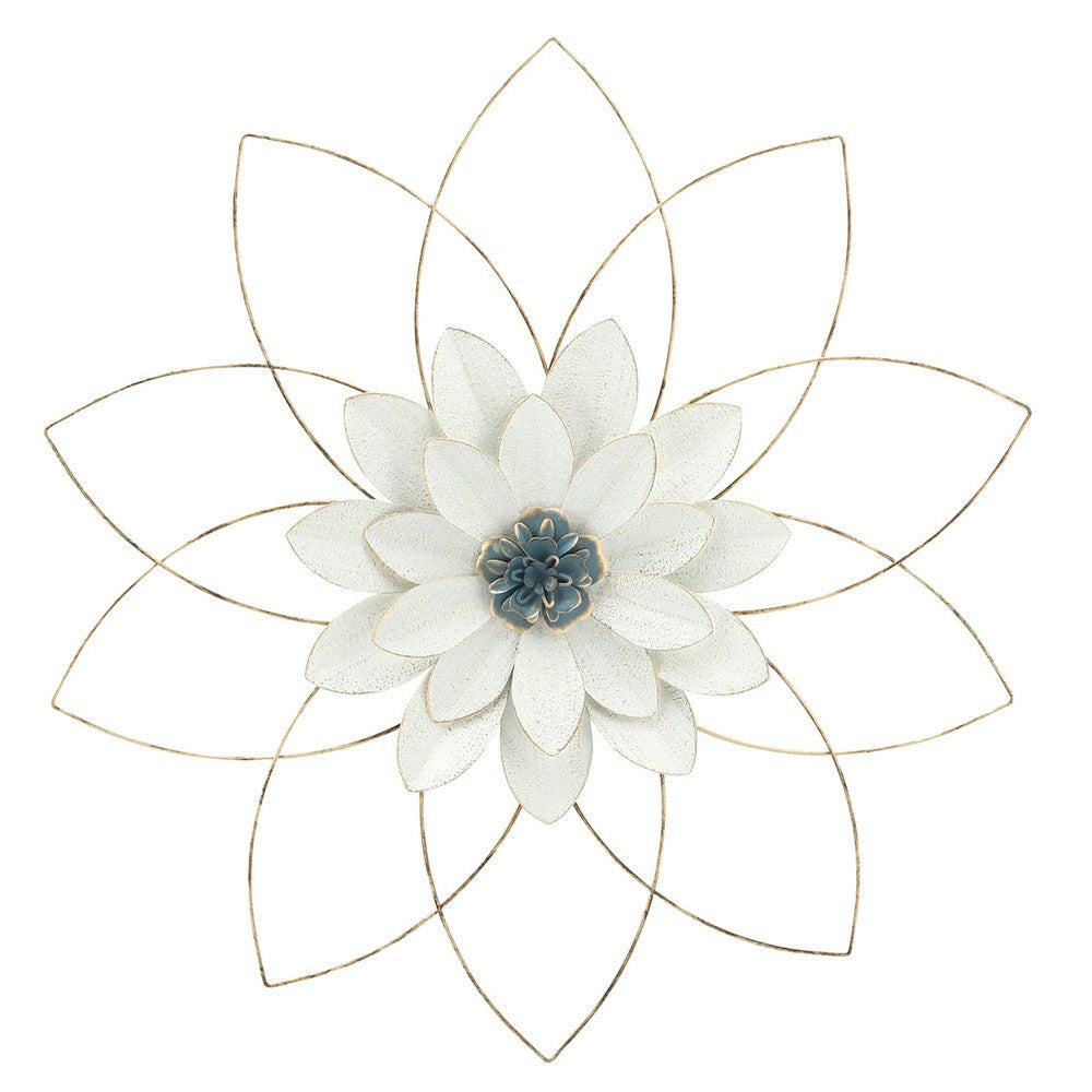 25 Inch Hanging Flower Wall Art with Textured White and Gold Leaves, Blue  By Casagear Home