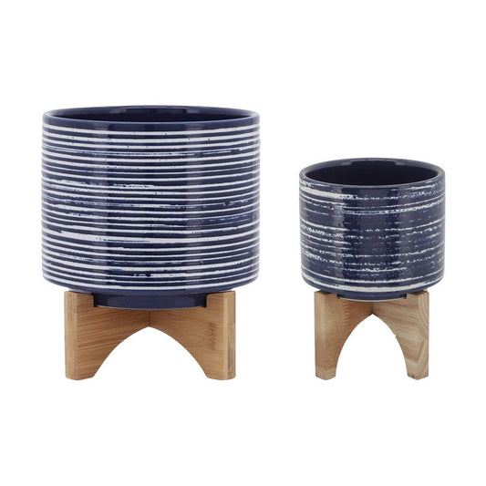 5, 8 Inch Planters on Stands, Set of 2, Blue Ceramic, White Stripes, Brown By Casagear Home