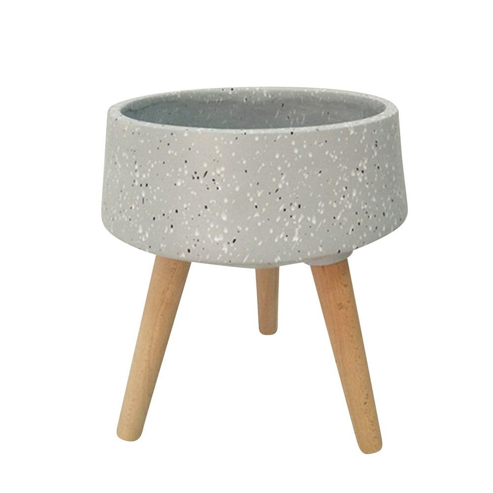 23 Inch Planter with Flared Tripod Legs Gray Terrazzo Natural Brown Wood By Casagear Home BM308615