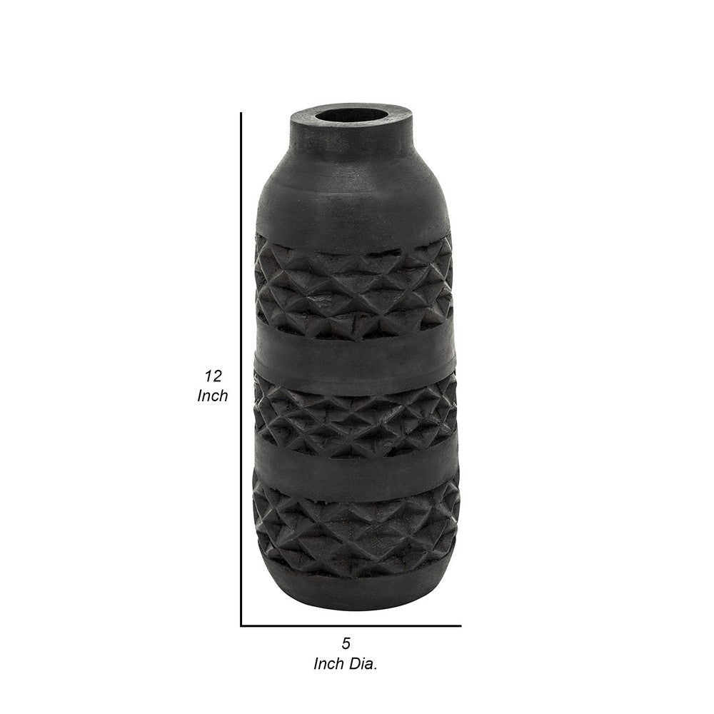 Yuka 12 Inch Vase Bottle Shape Embossed Diamond Patterns Stained Black By Casagear Home BM308626