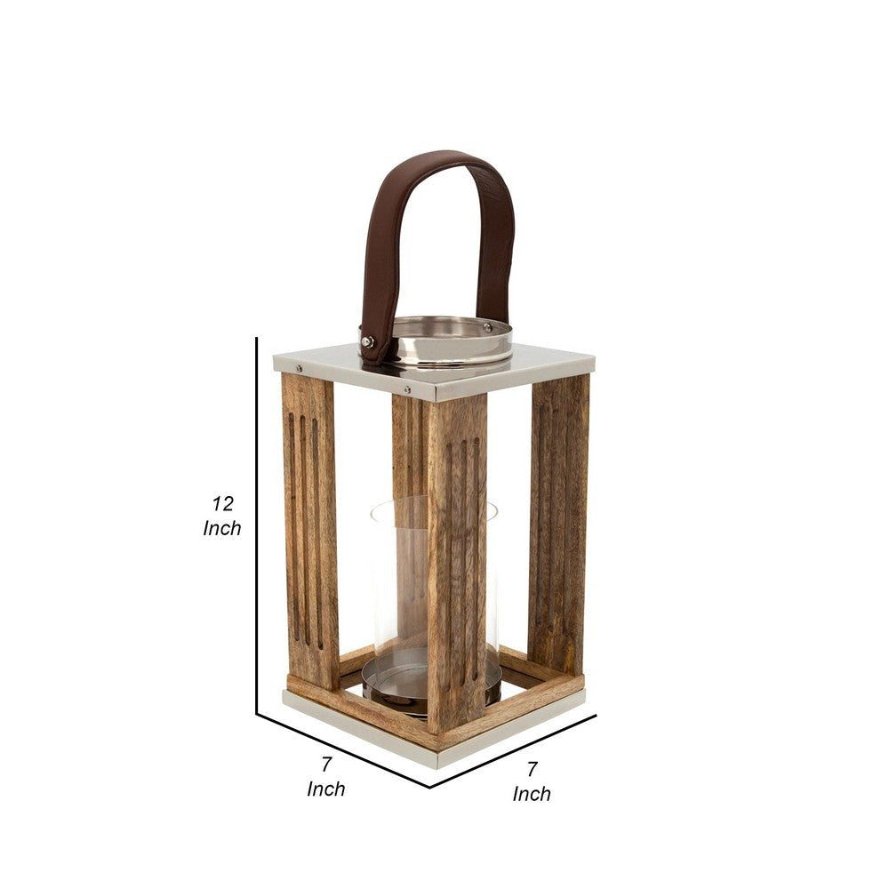 12 Inch Hurricane Candle Holder Lantern Style Fabric Band Brown Chrome By Casagear Home BM308628