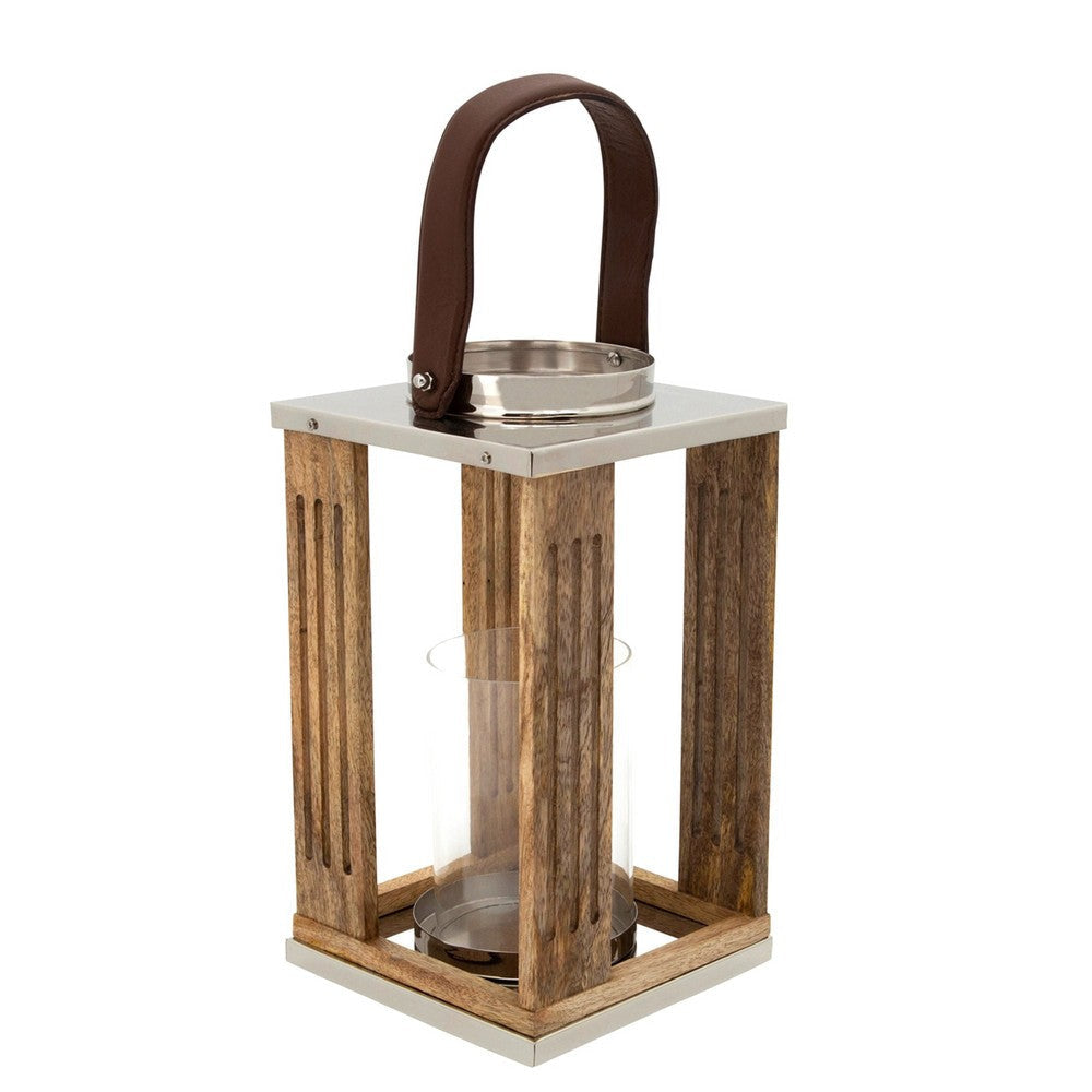 12 Inch Hurricane Candle Holder, Lantern Style, Fabric Band, Brown, Chrome By Casagear Home