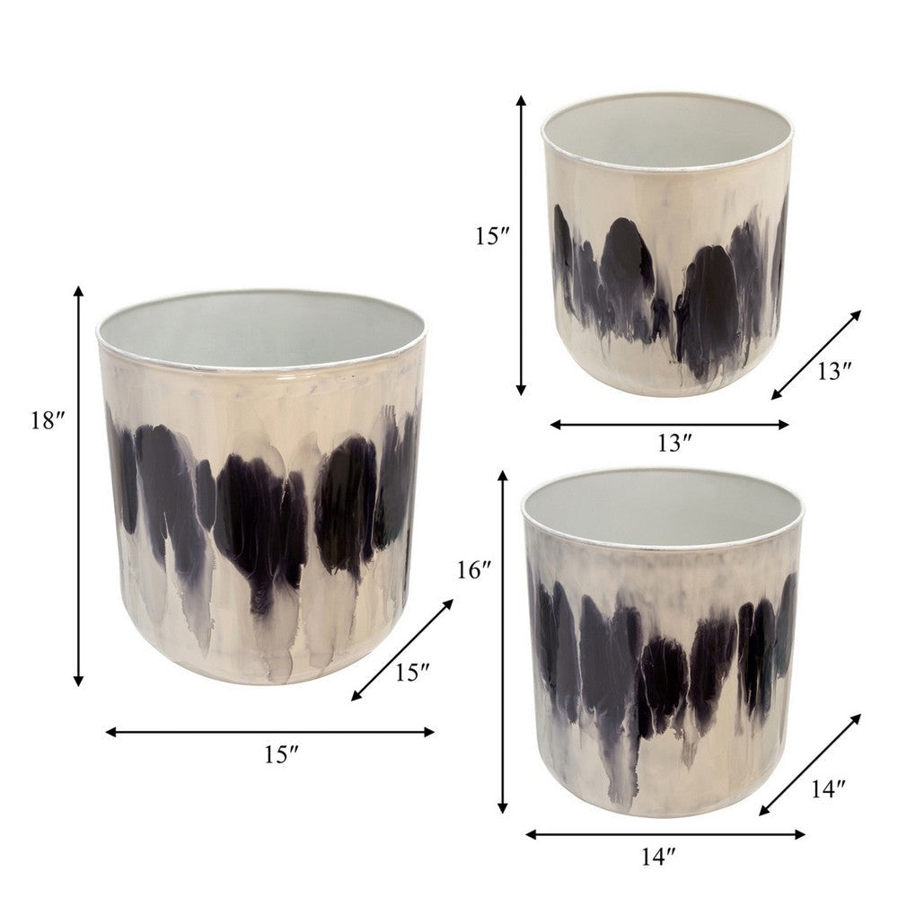 13 14 15 Inch Planters Set of 3 Abstract Design White and Black Metal By Casagear Home BM308635