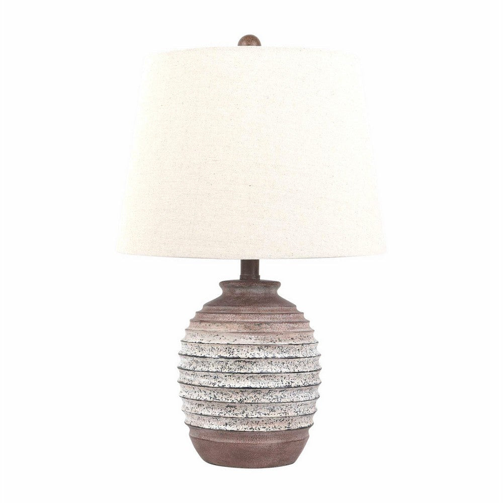 22 Inch Table Lamp White Fabric Shade Ribbed Textured Body Natural Brown By Casagear Home BM308654