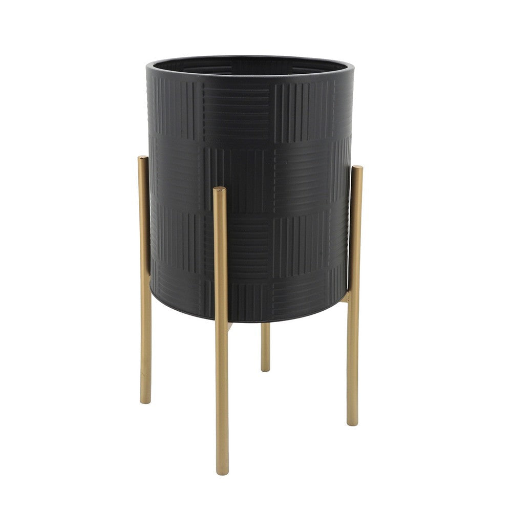 Voki Planter on Stand Geometric Lines Set of 2 Black Gold Metal By Casagear Home BM308661