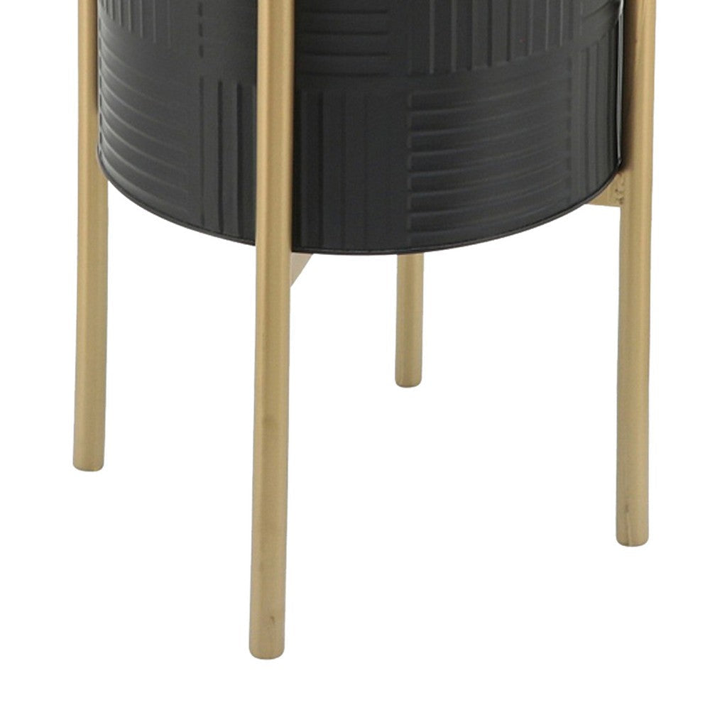 Voki Planter on Stand Geometric Lines Set of 2 Black Gold Metal By Casagear Home BM308661