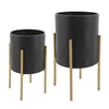 Voki Planter on Stand, Geometric Lines, Set of 2, Black, Gold Metal By Casagear Home