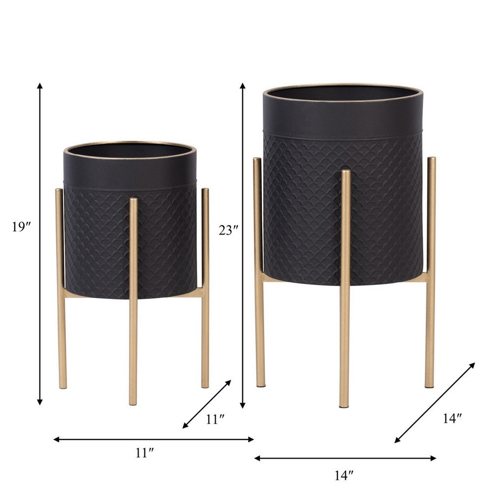 Simy Planter on Stand Set of 2 Scale Patterns Black Metal Gold By Casagear Home BM308663