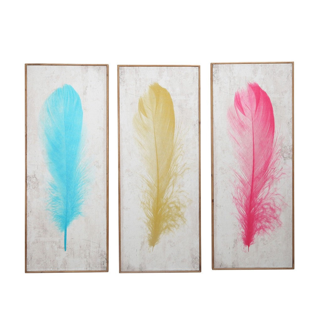 16 x 39 Inch Wall Decor Painting, Set of 3, Multicolor Feathers, Wood Frame By Casagear Home