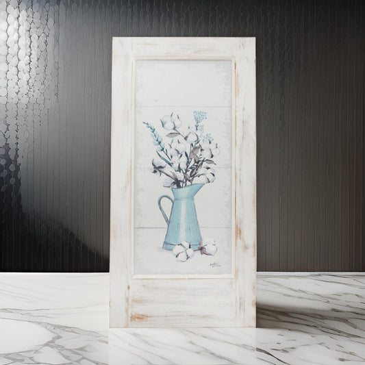 19 x 40 Inch Wall Art, Tin Floral Vase, Distressed Wood, Ivory, Beige, Blue By Casagear Home