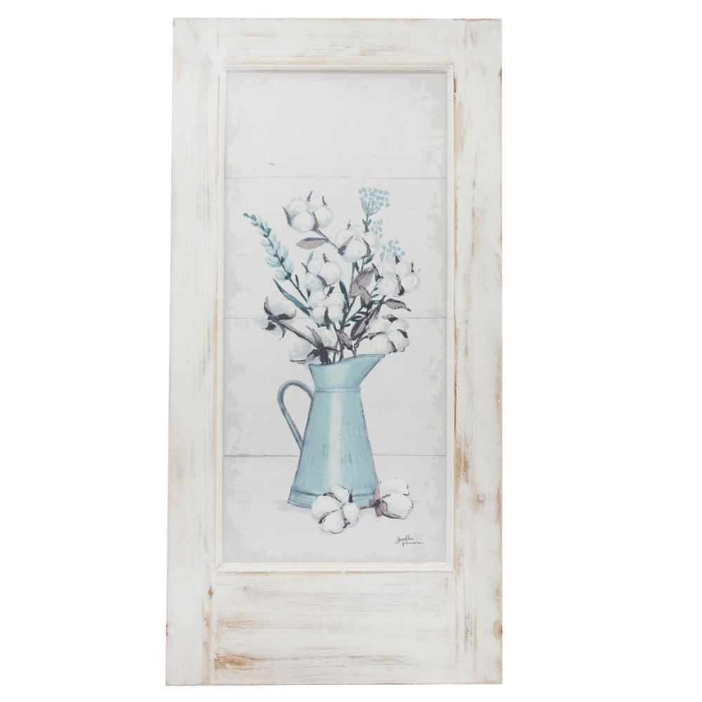 19 x 40 Inch Wall Art Tin Floral Vase Distressed Wood Ivory Beige Blue By Casagear Home BM308668