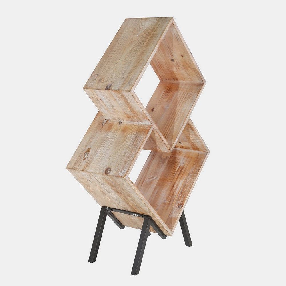 34 Inch Magazine Rack, 2 Tier, Diamond Shaped Wood Frames, Black Metal Legs By Casagear Home