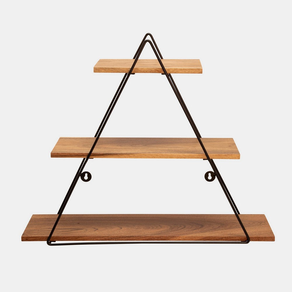 Zish 25 Inch Wall Shelf 3 Wood Shelves Triangle Metal Frame Brown Black By Casagear Home BM308673