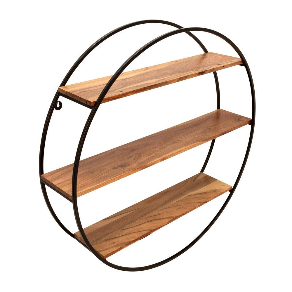 Lexa 32 Inch Wall Shelf, 3 Wood Shelves, Circular Metal Frame, Brown, Black By Casagear Home