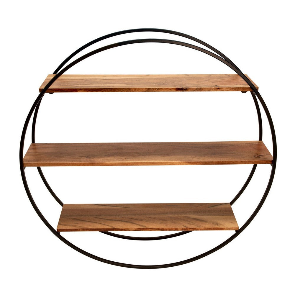 Lexa 32 Inch Wall Shelf 3 Wood Shelves Circular Metal Frame Brown Black By Casagear Home BM308674