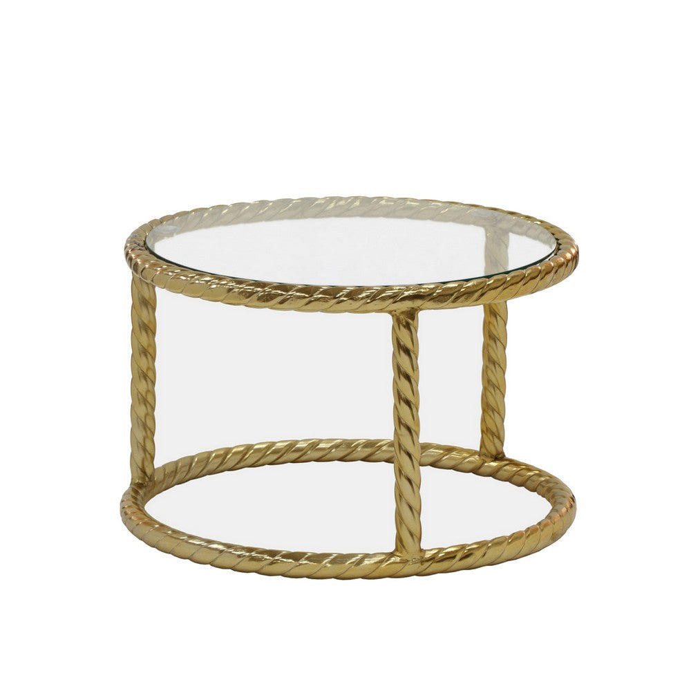 22 28 Inch Round Nesting Coffee Tables Glass Top Gold Metal Rope Frame By Casagear Home BM308676