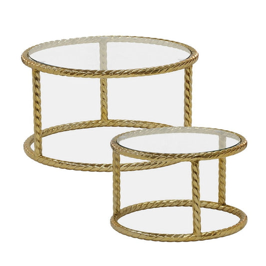 22, 28 Inch Round Nesting Coffee Tables, Glass Top, Gold Metal Rope Frame By Casagear Home