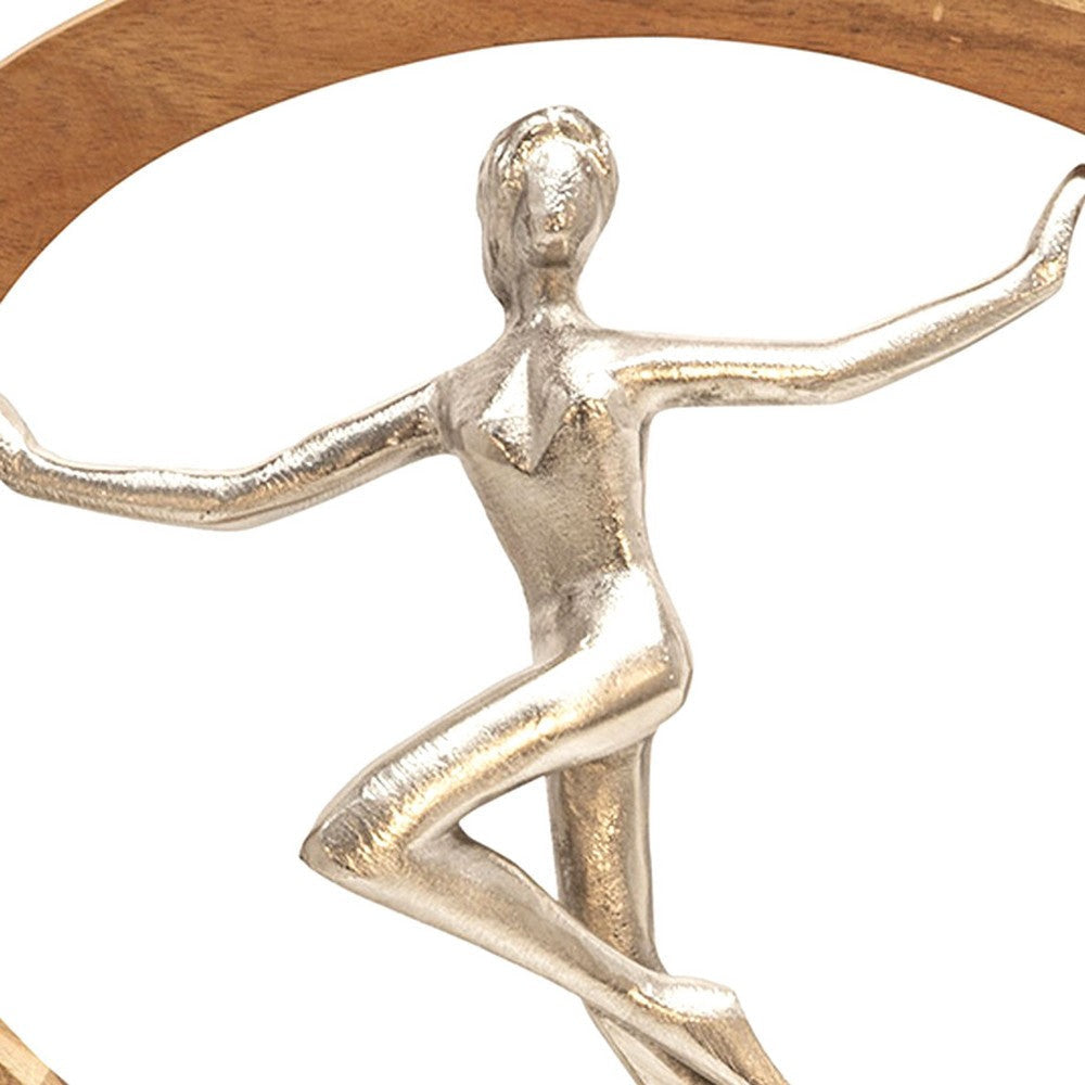 14 Inch Gymnast Sculpture Natural Brown Half Moon Wood Frame Silver Metal By Casagear Home BM308678