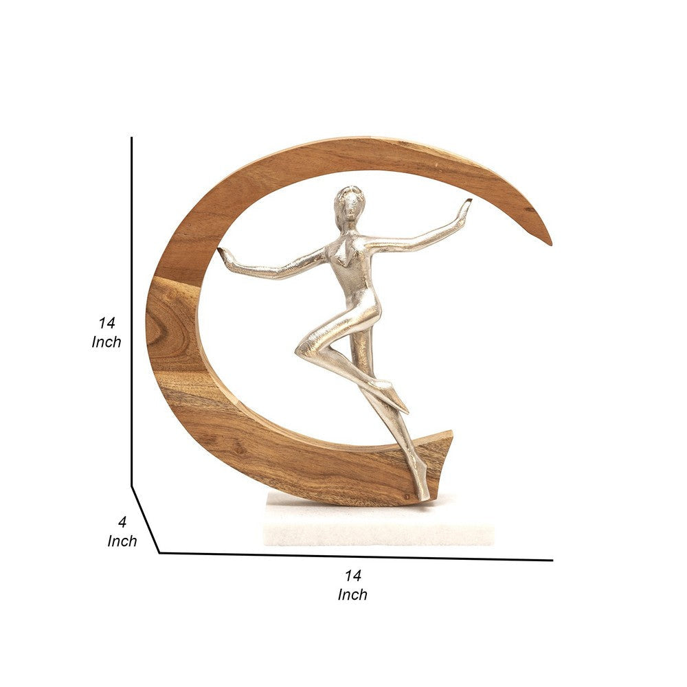 14 Inch Gymnast Sculpture Natural Brown Half Moon Wood Frame Silver Metal By Casagear Home BM308678