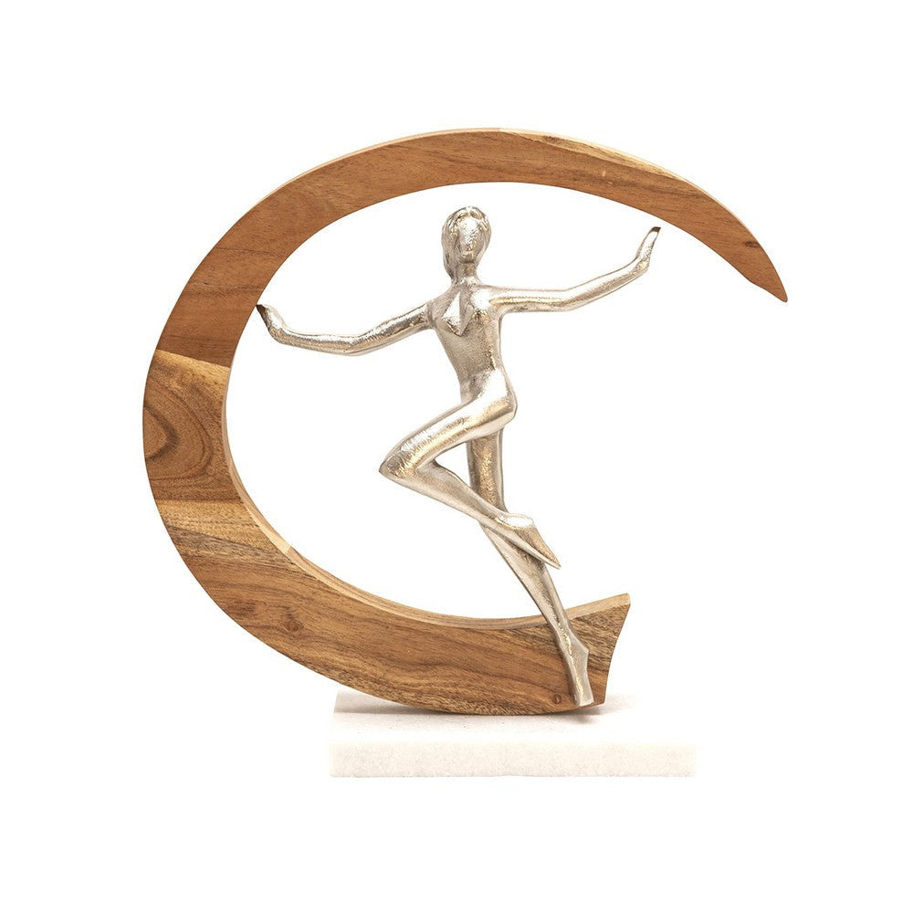 14 Inch Gymnast Sculpture, Natural Brown Half Moon Wood Frame, Silver Metal By Casagear Home