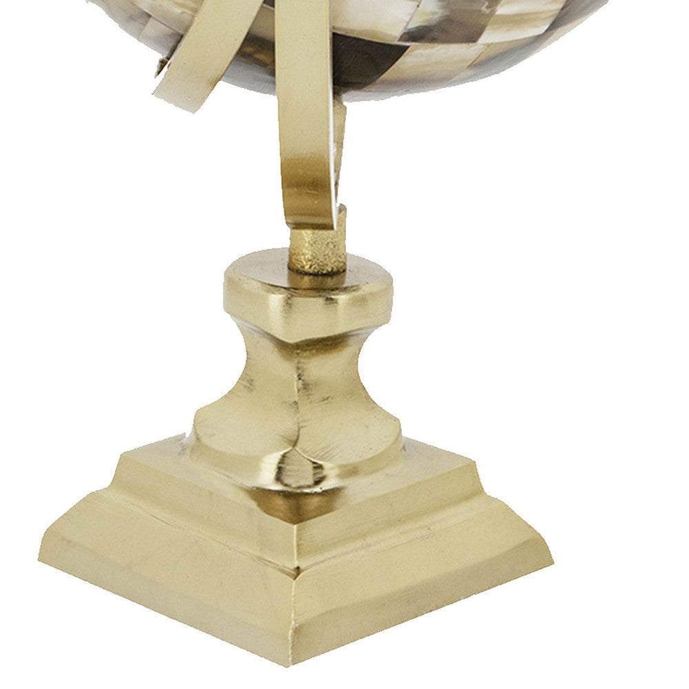 14 Inch Globe Sculpture Pedestal Base Modern Style Gold and Brown Metal By Casagear Home BM308681