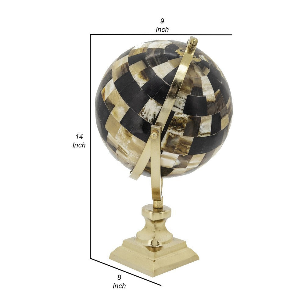 14 Inch Globe Sculpture Pedestal Base Modern Style Gold and Brown Metal By Casagear Home BM308681