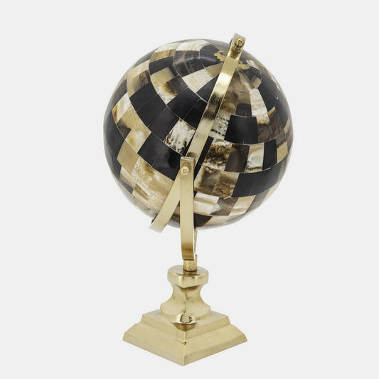 14 Inch Globe Sculpture, Pedestal Base, Modern Style, Gold and Brown Metal By Casagear Home