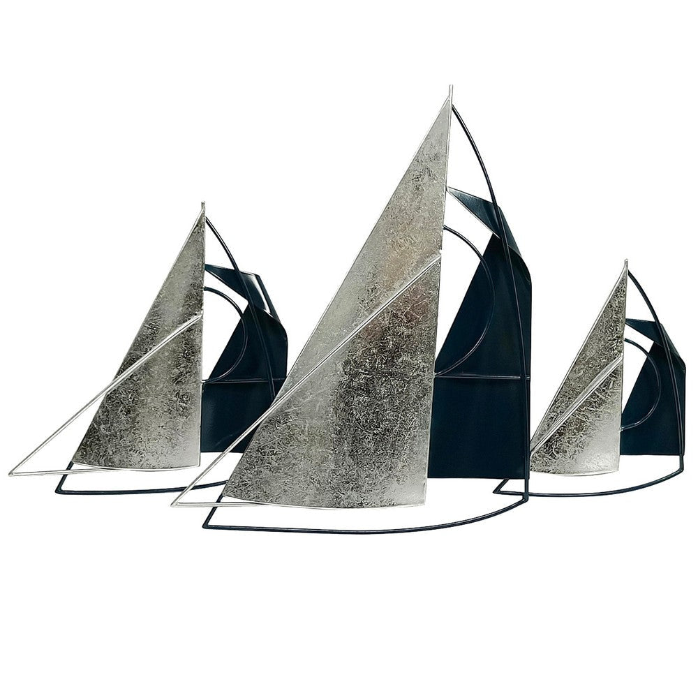 Vem 26 Inch Sailboats Hanging Wall Artwork, Modern, Blue, Silver Metal By Casagear Home