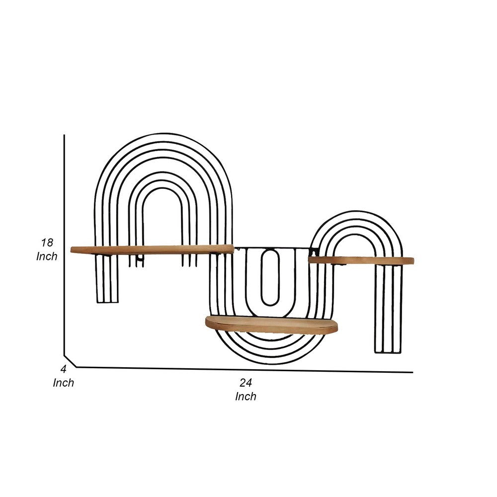 24 Inch Wall Hanging Art with 3 Wood Shelves Arched Iron Frame Black By Casagear Home BM308690