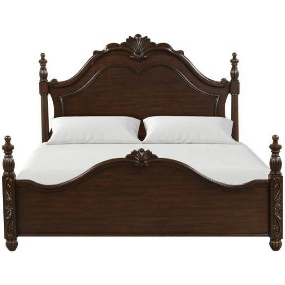 Akil Queen Size Poster Bed Classical Carved Headboard Cherry Brown Wood By Casagear Home BM308748