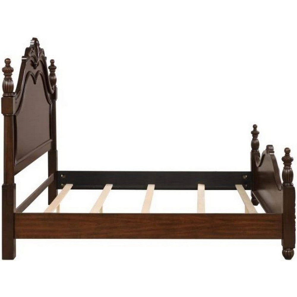 Akil Queen Size Poster Bed Classical Carved Headboard Cherry Brown Wood By Casagear Home BM308748