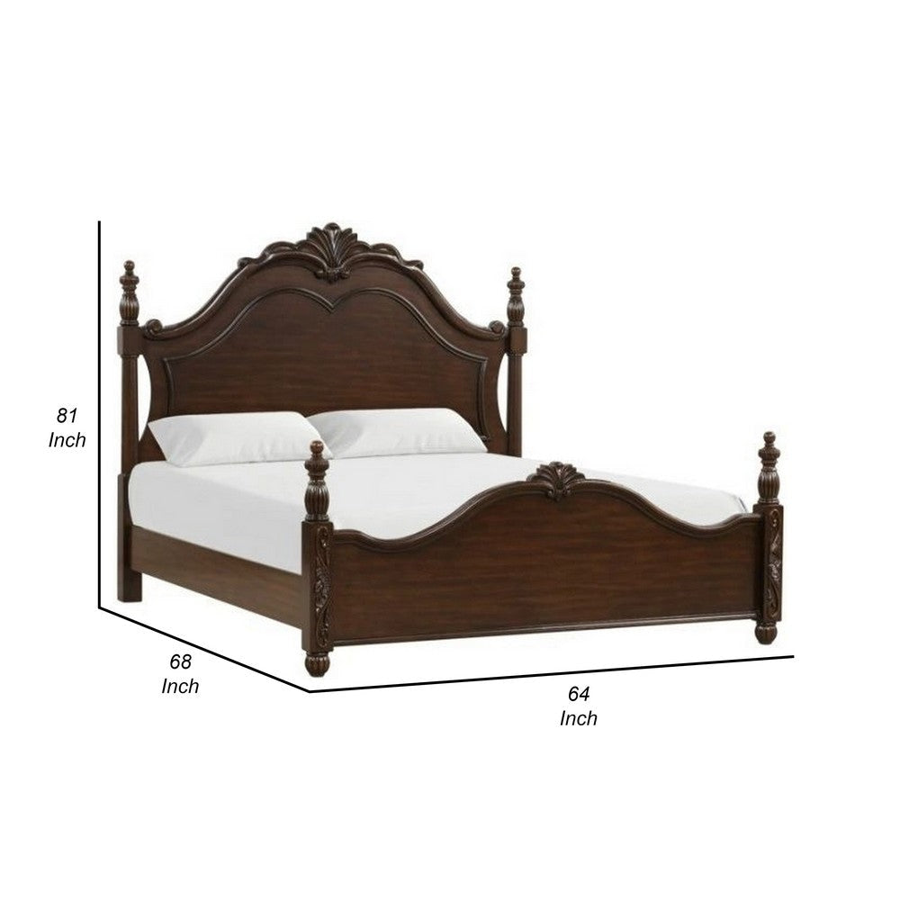 Akil Queen Size Poster Bed Classical Carved Headboard Cherry Brown Wood By Casagear Home BM308748