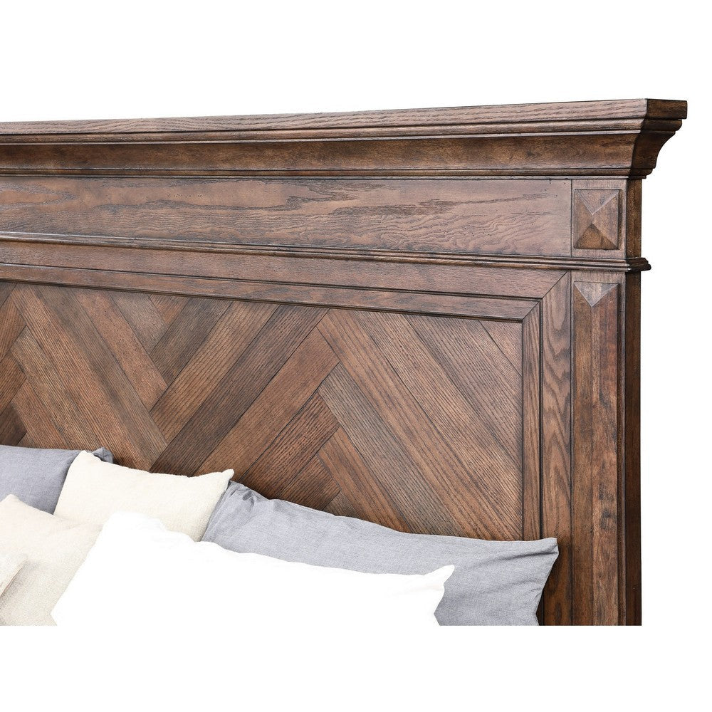 Marv King Size Bed Parquet Pattern Traditional Style Brushed Brown Wood By Casagear Home BM308771