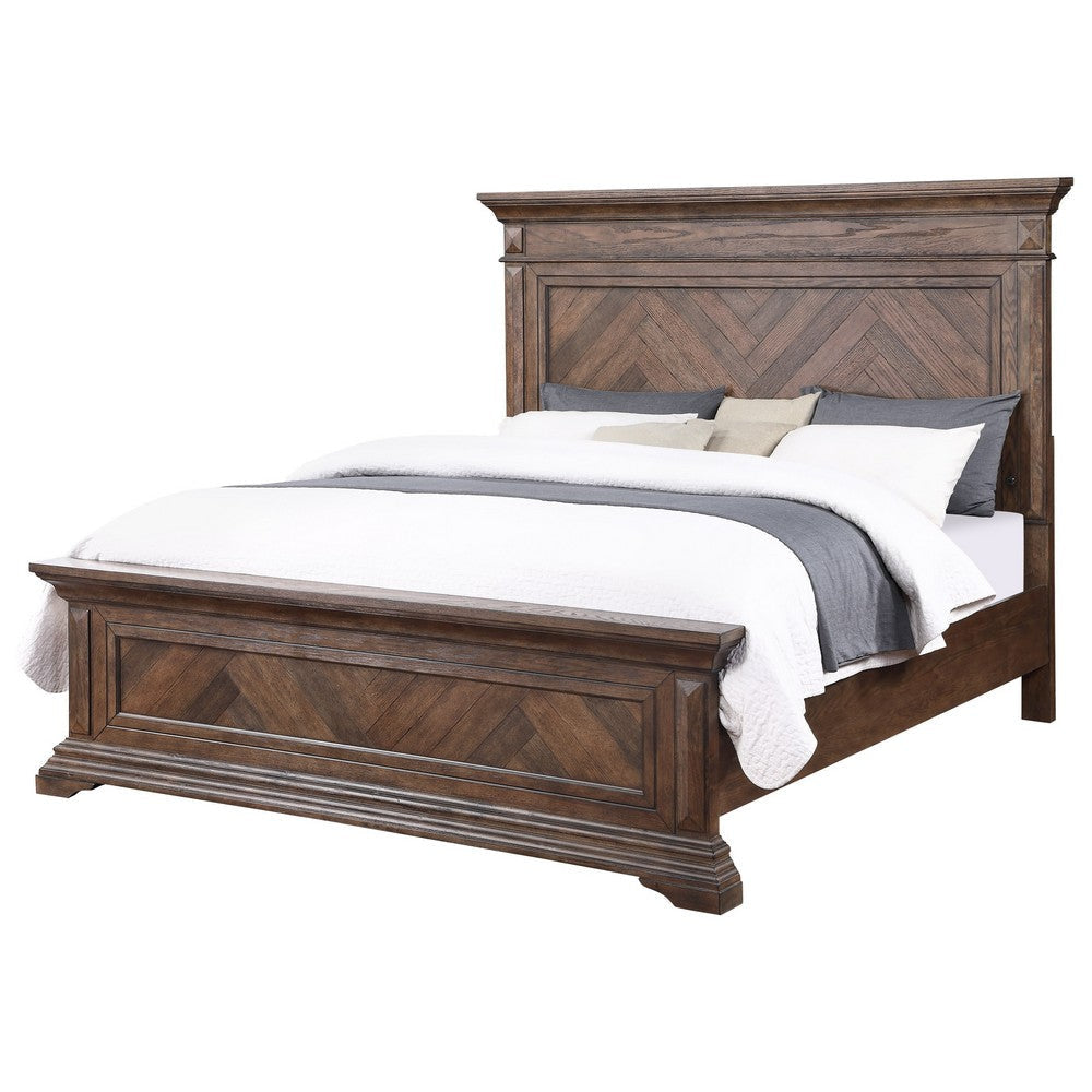 Marv King Size Bed, Parquet Pattern, Traditional Style, Brushed Brown Wood By Casagear Home