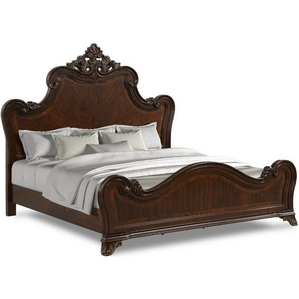 Lisa King Size Bed, Traditional Carved Ornate Details, Classic Cherry Brown By Casagear Home