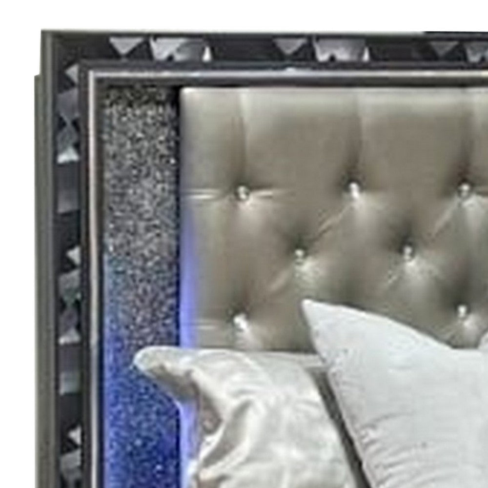 Bet King Bed Silver Faux Leather Upholstery LED Crystal Accents Black By Casagear Home BM308797