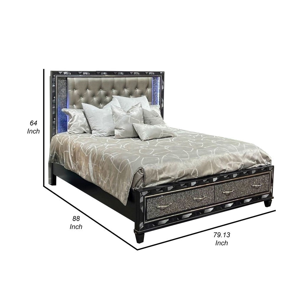 Bet King Bed Silver Faux Leather Upholstery LED Crystal Accents Black By Casagear Home BM308797