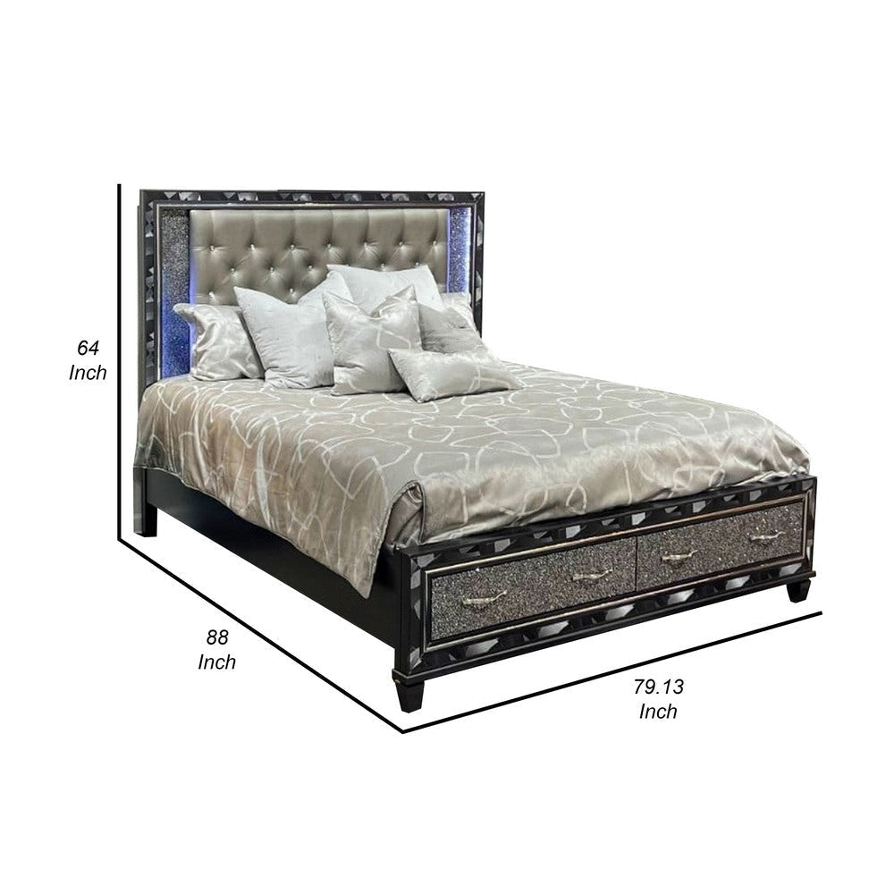 Bet King Bed Storage Drawers Silver Faux Leather Upholstery LED Black By Casagear Home BM308798