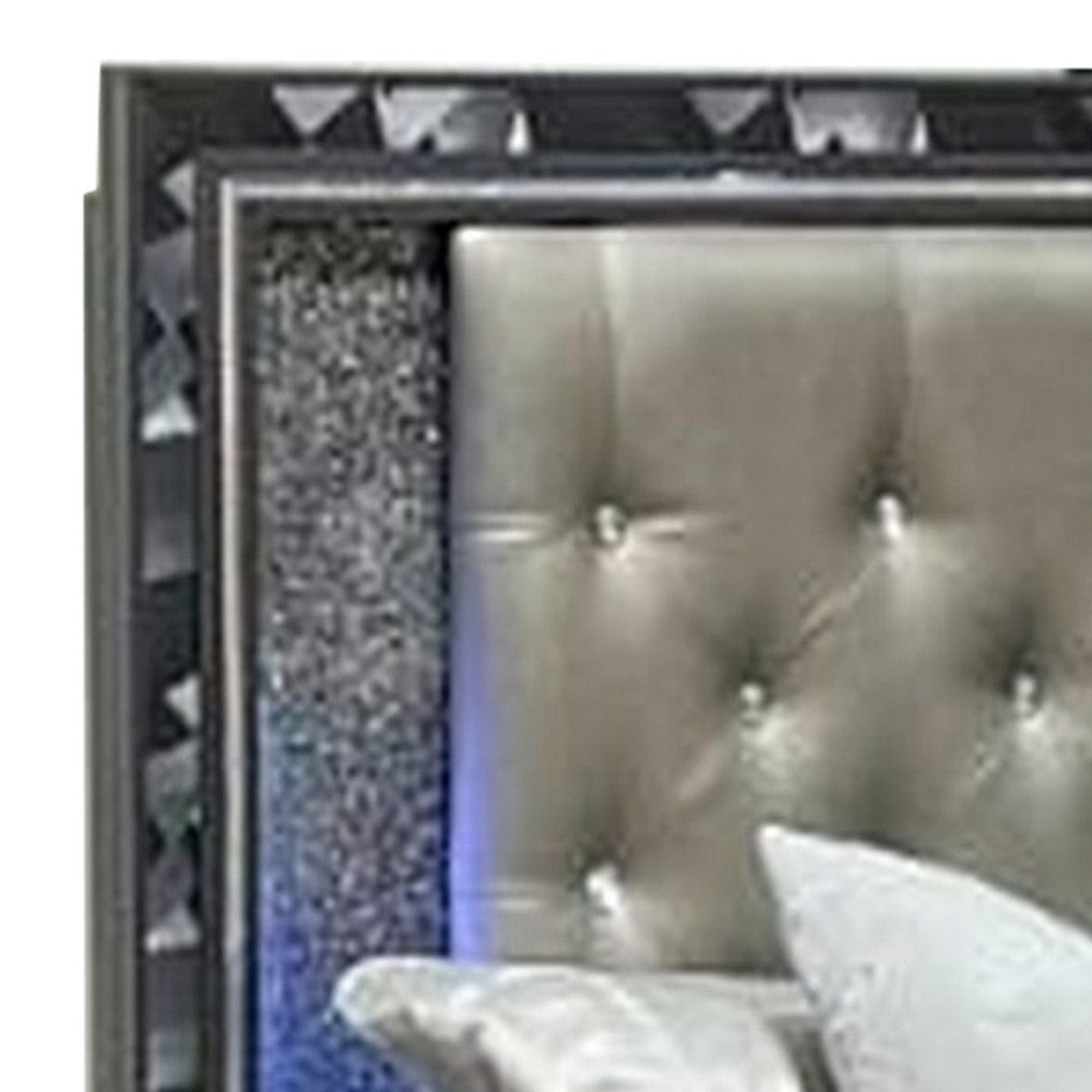 Bet Queen Bed Storage Drawers Silver Faux Leather Upholstery LED Black By Casagear Home BM308800