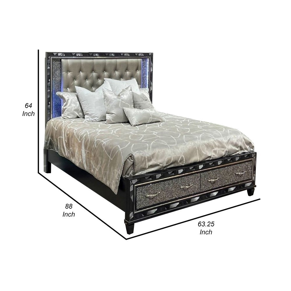 Bet Queen Bed Storage Drawers Silver Faux Leather Upholstery LED Black By Casagear Home BM308800