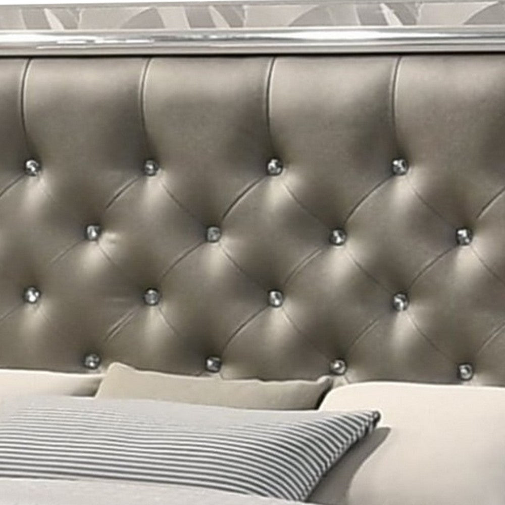 Bet King Bed Silver Faux Leather Upholstery LED Crystal Accents Brown By Casagear Home BM308801