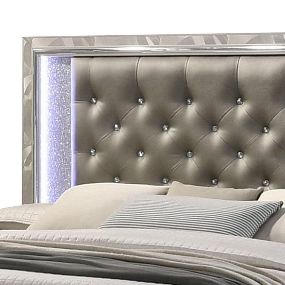 Bet Queen Bed Silver Faux Leather Upholstery LED Crystal Accents Brown By Casagear Home BM308802