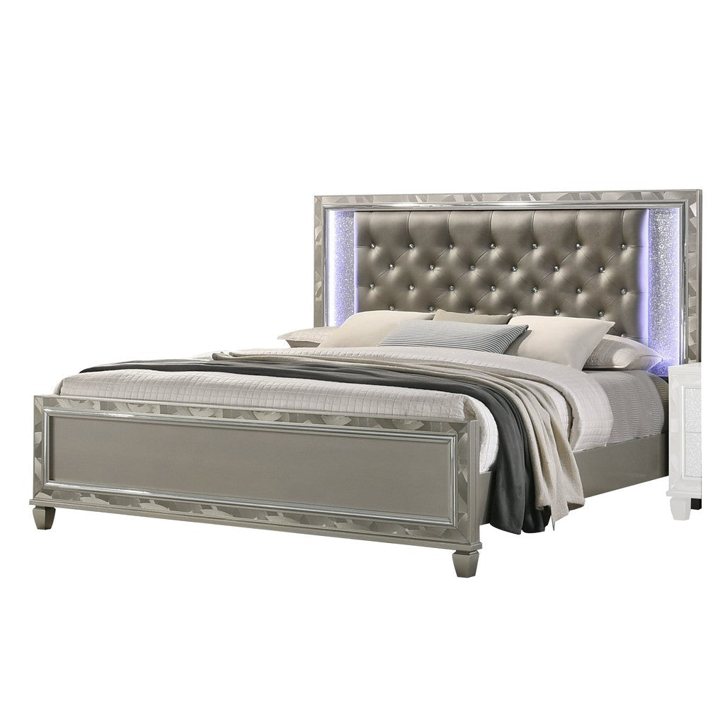 Bet Queen Bed, Silver Faux Leather Upholstery, LED, Crystal Accents, Brown By Casagear Home