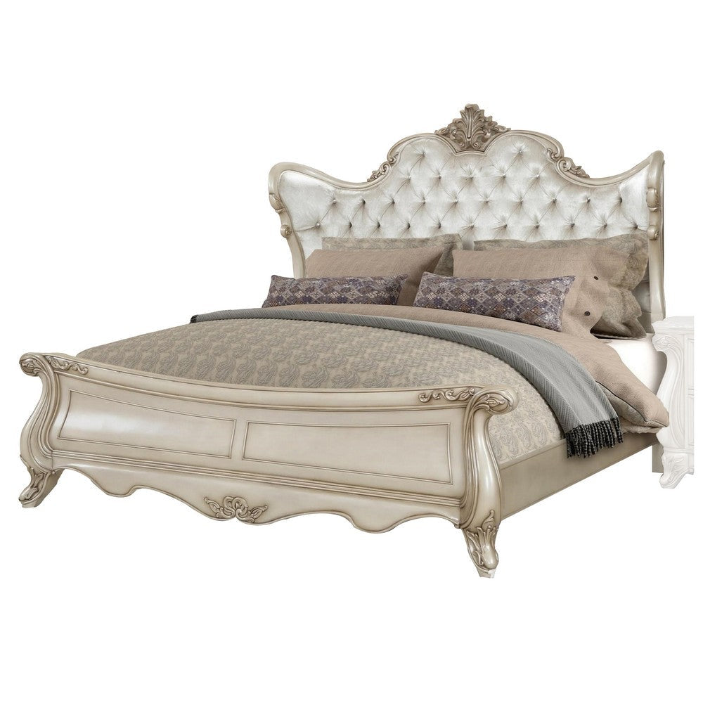 Moen King Size Bed, Tufted Polyester Upholstery, Carved Wood, Champagne By Casagear Home