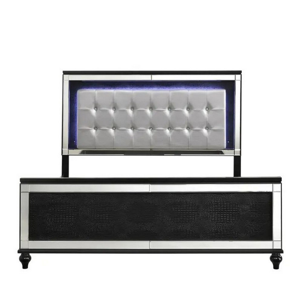 Lee King Size Bed LED Tufted Faux Leather Upholstery Textured Black By Casagear Home BM308805